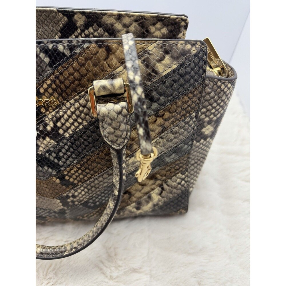Michael Kors Selma Medium Satchel Python Embossed Leather Brown Chevron Bag - Picture 6 of 12